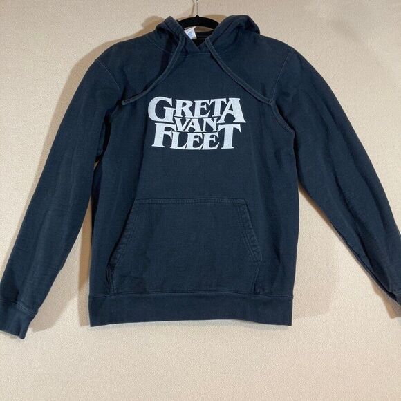 Greta Van Fleet Hoodie Sz Med Black with White Logo Spell Out Drawstrings - Picture 1 of 8